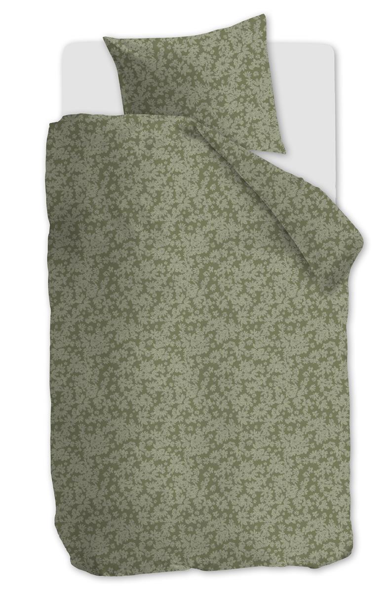 Ein Kopfkissen und einer Bettdecke bezogen mit kuscheliger Mako-Satin Bettwaesche aus 100 Prozent Baumwolle von beddinghouse einem floralem Muster in der Farbe Gruen. Modell Tiny Florals.