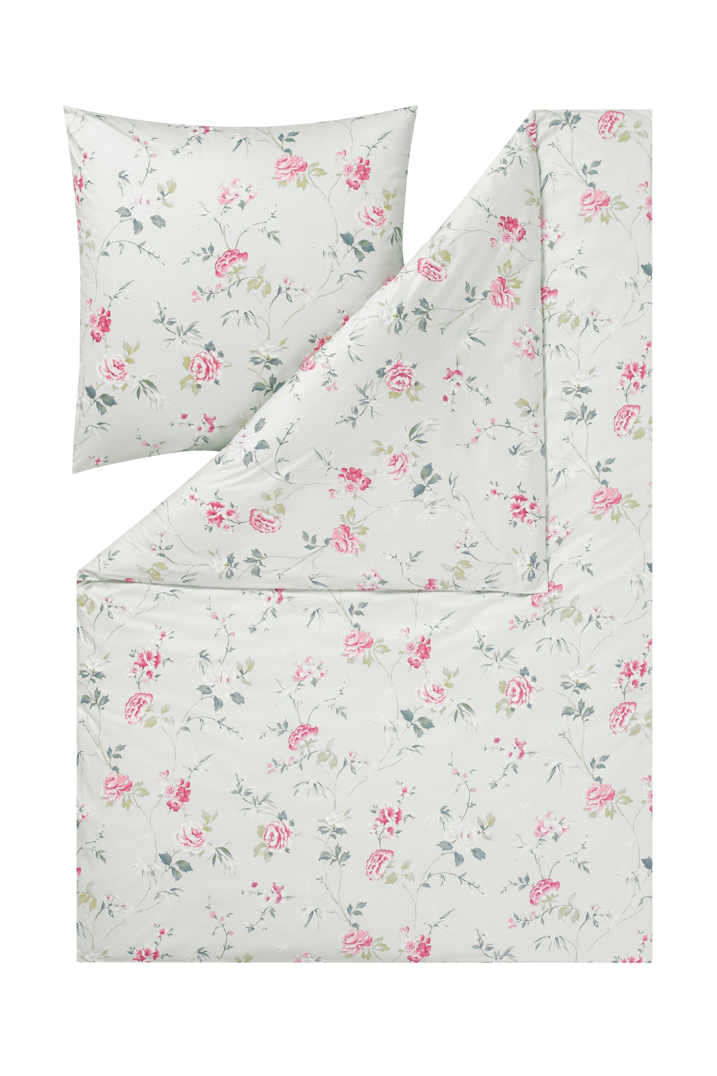 Ein Kopfkissen und eine Bettdecke bezogen mit Mako-Interlock-Jersey Bettwaesche mit einem Muster aus horizontalen Streifen in der Farbe Weiss. Modell Diantha Natur.