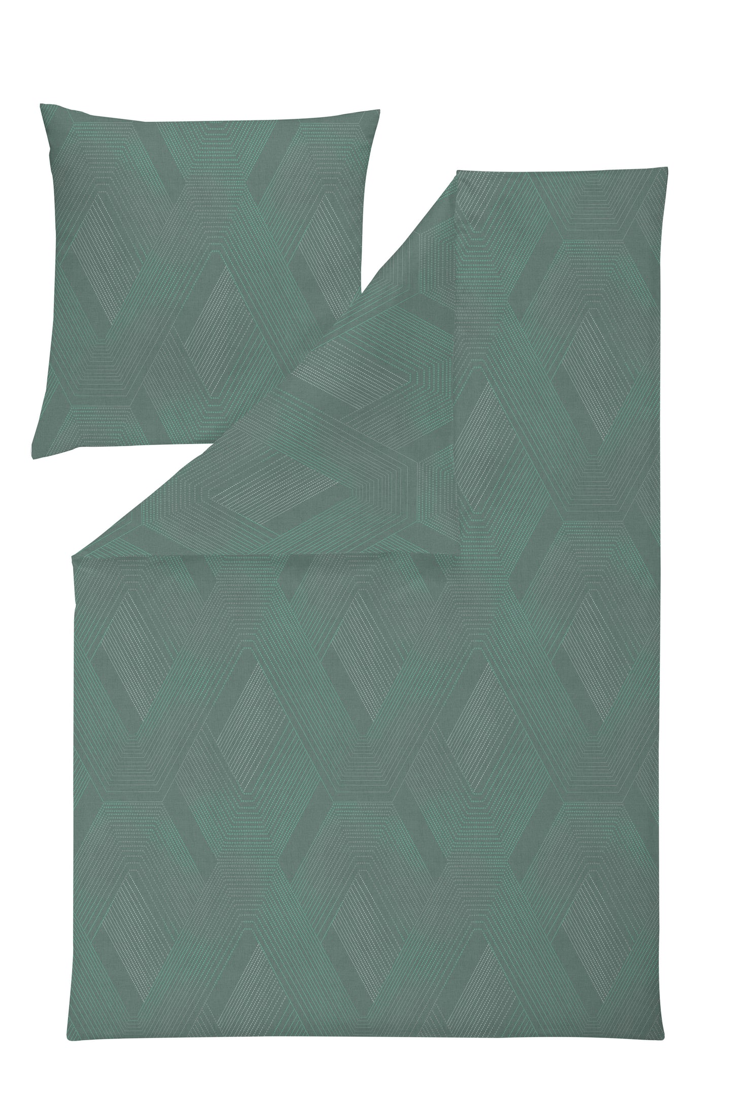 Ein Kopfkissen und eine Bettdecke bezogen mit Mako-Interlock-Jersey Bettwaesche mit einem Muster aus Rauten in der Farbe Gruen. Modell Emerald.