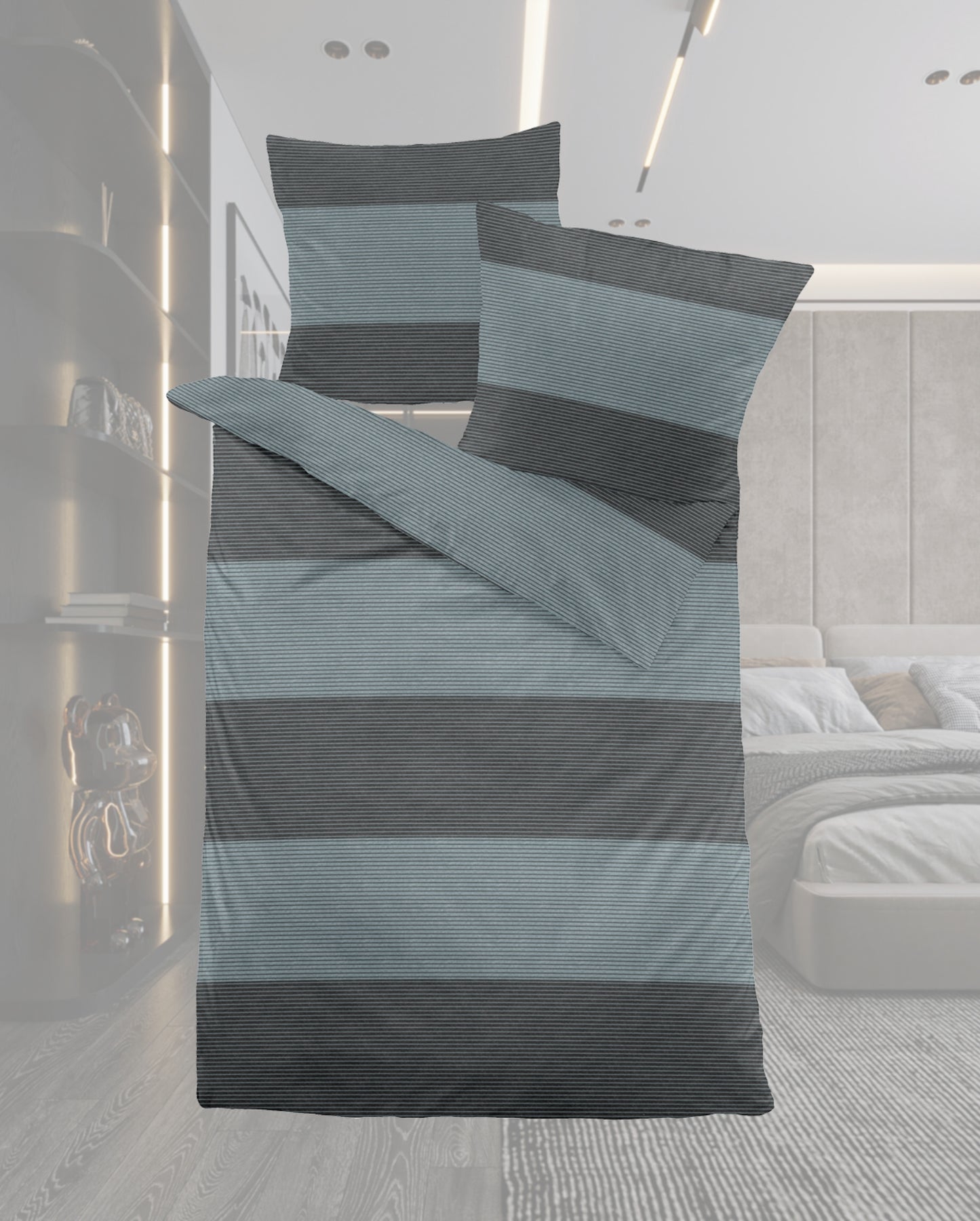 Ein Bettbezug-Set aus einem Kopfkissen und einer Bettdecke bezogen mit Melange-Flanell Bettwaesche aus 100 Prozent Baumwolle mit Muster aus horizontalen Streifen in der Farbe Grau. Modell Heather Blue Granite.