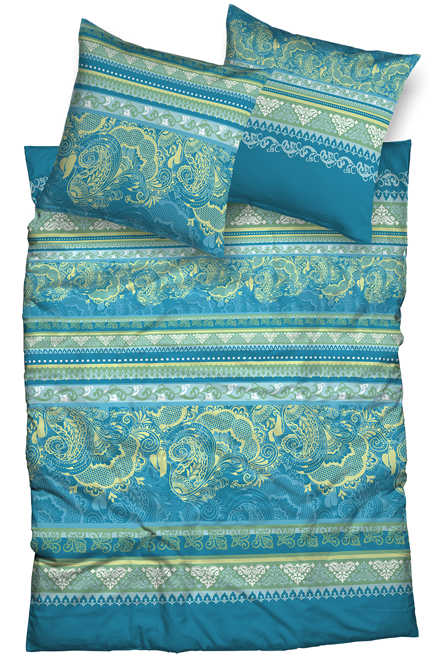 Zwei Kopfkissen und eine Bettdecke bezogen mit seidig-weicher Satin Bettwaesche aus 100 Prozent Baumwolle von Casatex einem Muster in der Farbe Tuerkis. Modell Kuala Lumpur Aqua-Gruen.