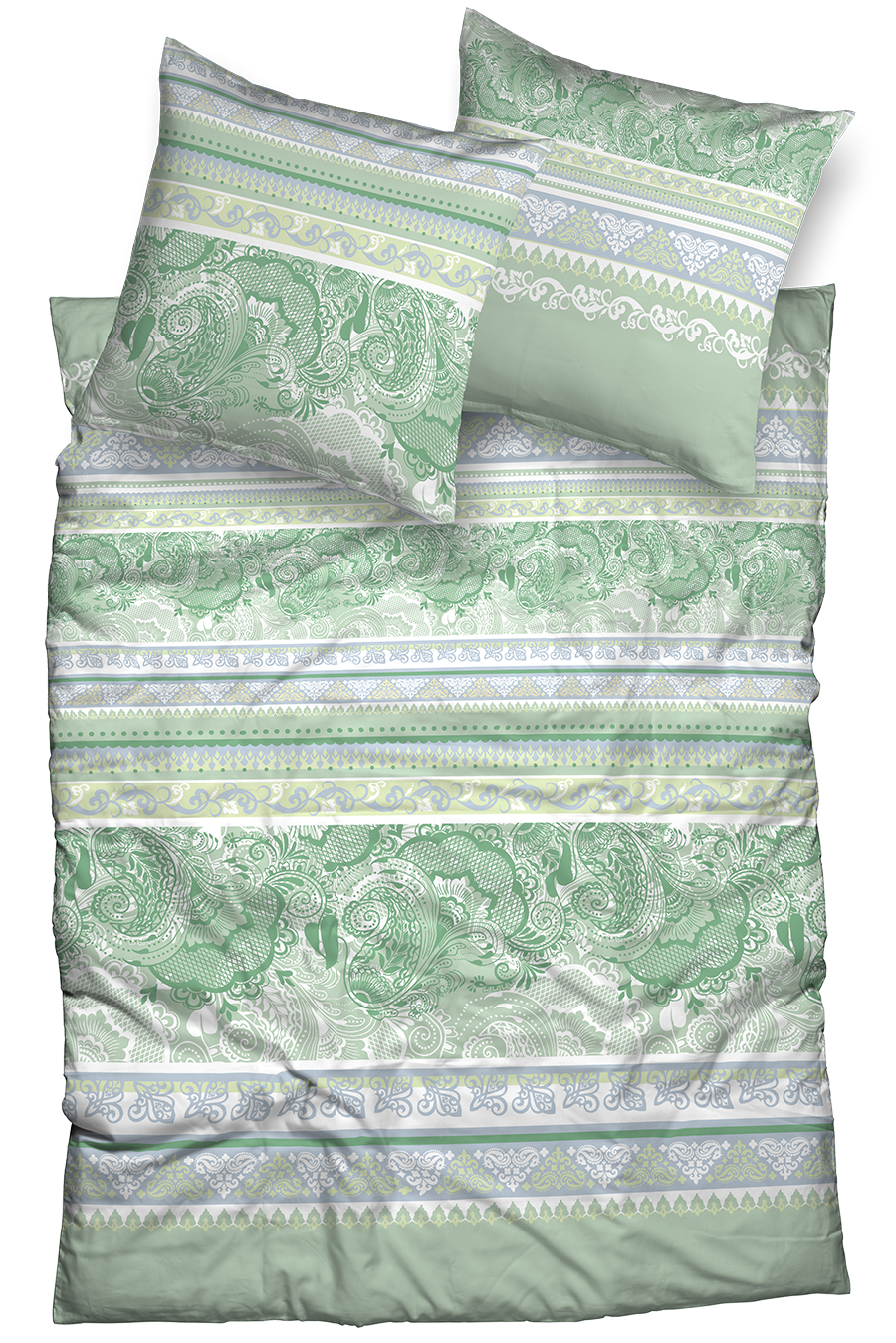 Zwei Kopfkissen und eine Bettdecke bezogen mit seidig-weicher Satin Bettwaesche aus 100 Prozent Baumwolle von Casatex einem Muster in der Farbe Gruen. Modell Kuala Lumpur Lindgruen.