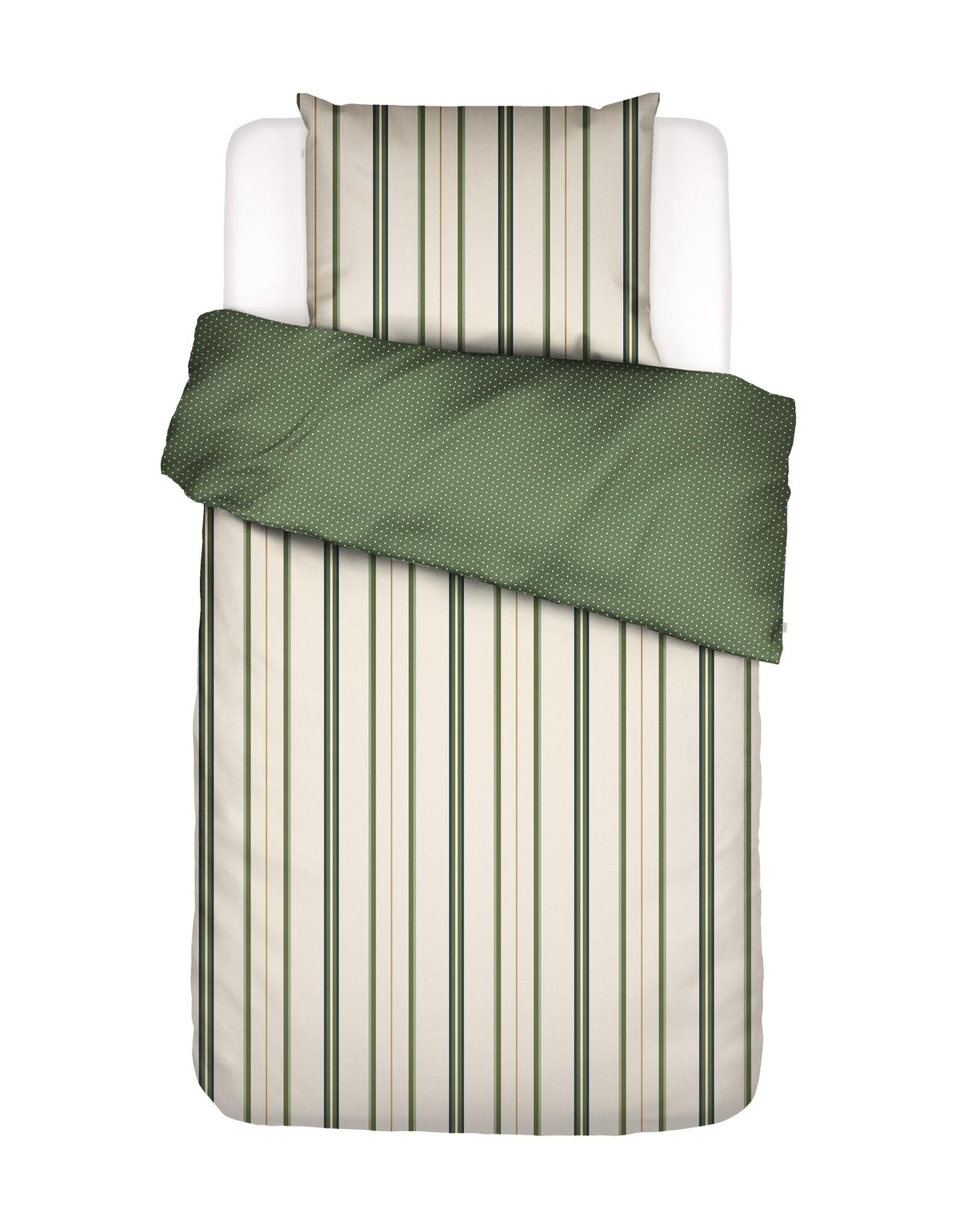 Ein Kopfkissen und eine Bettdecke bezogen mit Satin Bettwaesche von Essenza mit einem Muster aus vertikalen Linien und Punkten in der Farbe Grün. Modell Meryl Pure Olive.