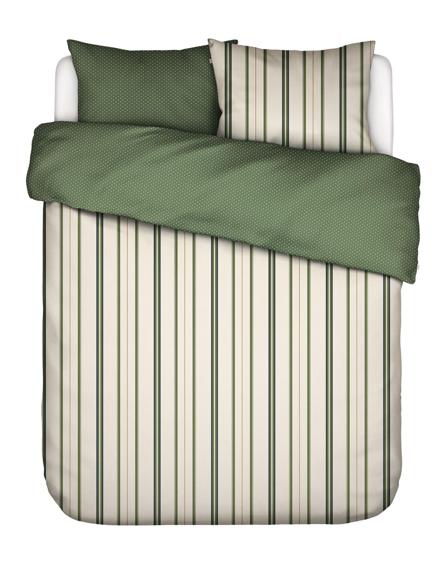 Zwei Kopfkissen und eine Bettdecke bezogen mit Satin Bettwaesche von Essenza mit einem Muster aus vertikalen Linien und Punkten in der Farbe Grün. Modell Meryl Pure Olive.