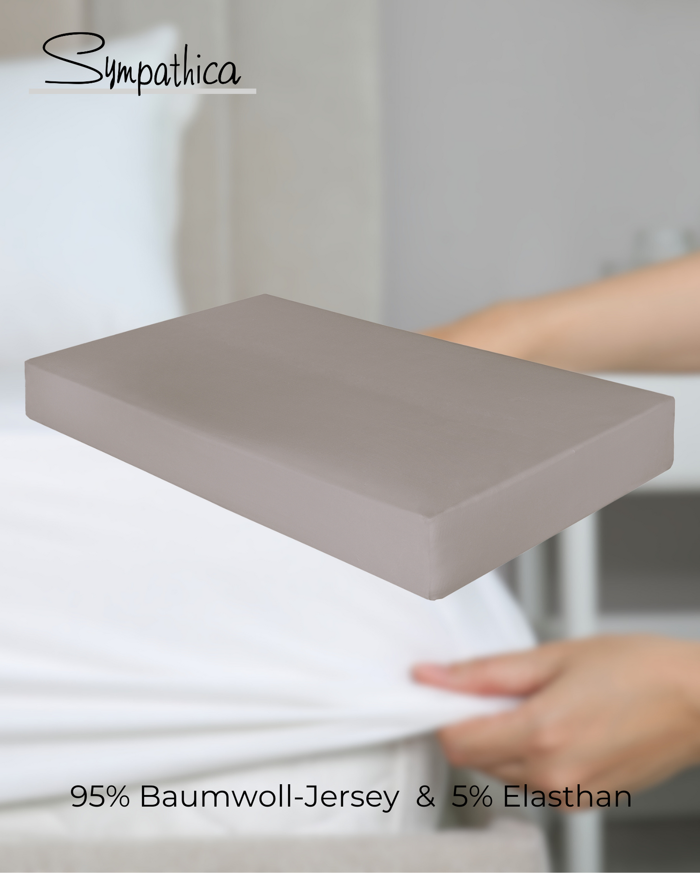 Ein Spannbetttuch von SYMPATHICA aus 95 Prozent Baumwoll-Jersey und 5 Prozent Elasthan in der Farbe Grau. Modell Nova Grau.