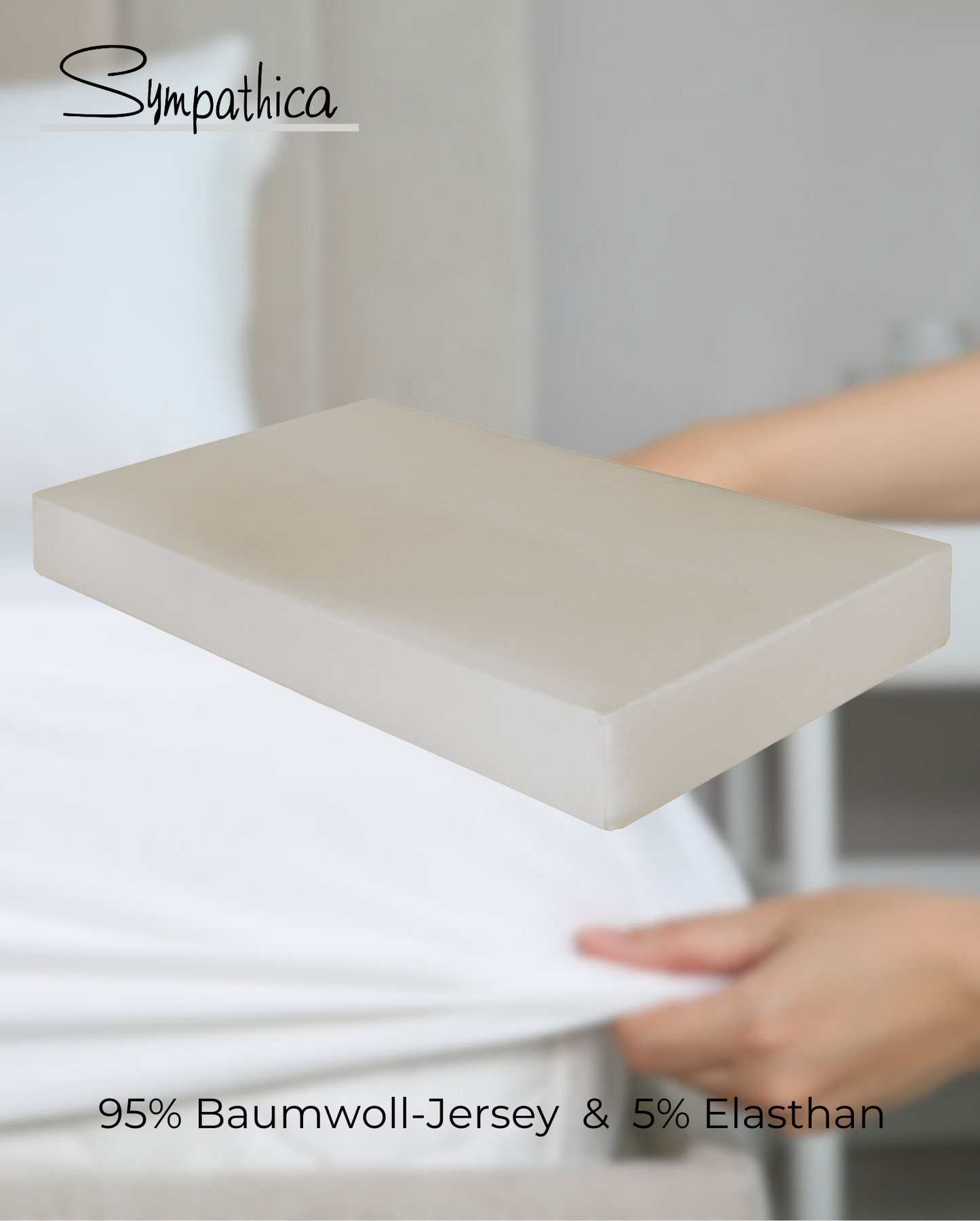Ein Spannbetttuch von SYMPATHICA aus 95 Prozent Baumwoll-Jersey und 5 Prozent Elasthan in der Farbe Grau. Modell Nova Kiesel.