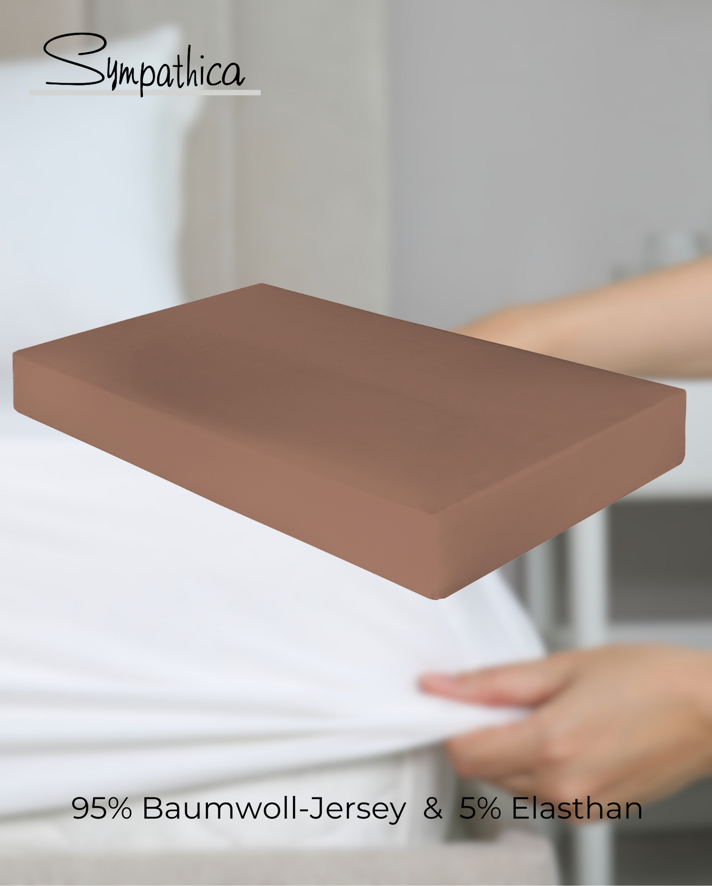 Ein Spannbetttuch von SYMPATHICA aus 95 Prozent Baumwoll-Jersey und 5 Prozent Elasthan in der Farbe Braun. Modell Nova Mittelbraun.