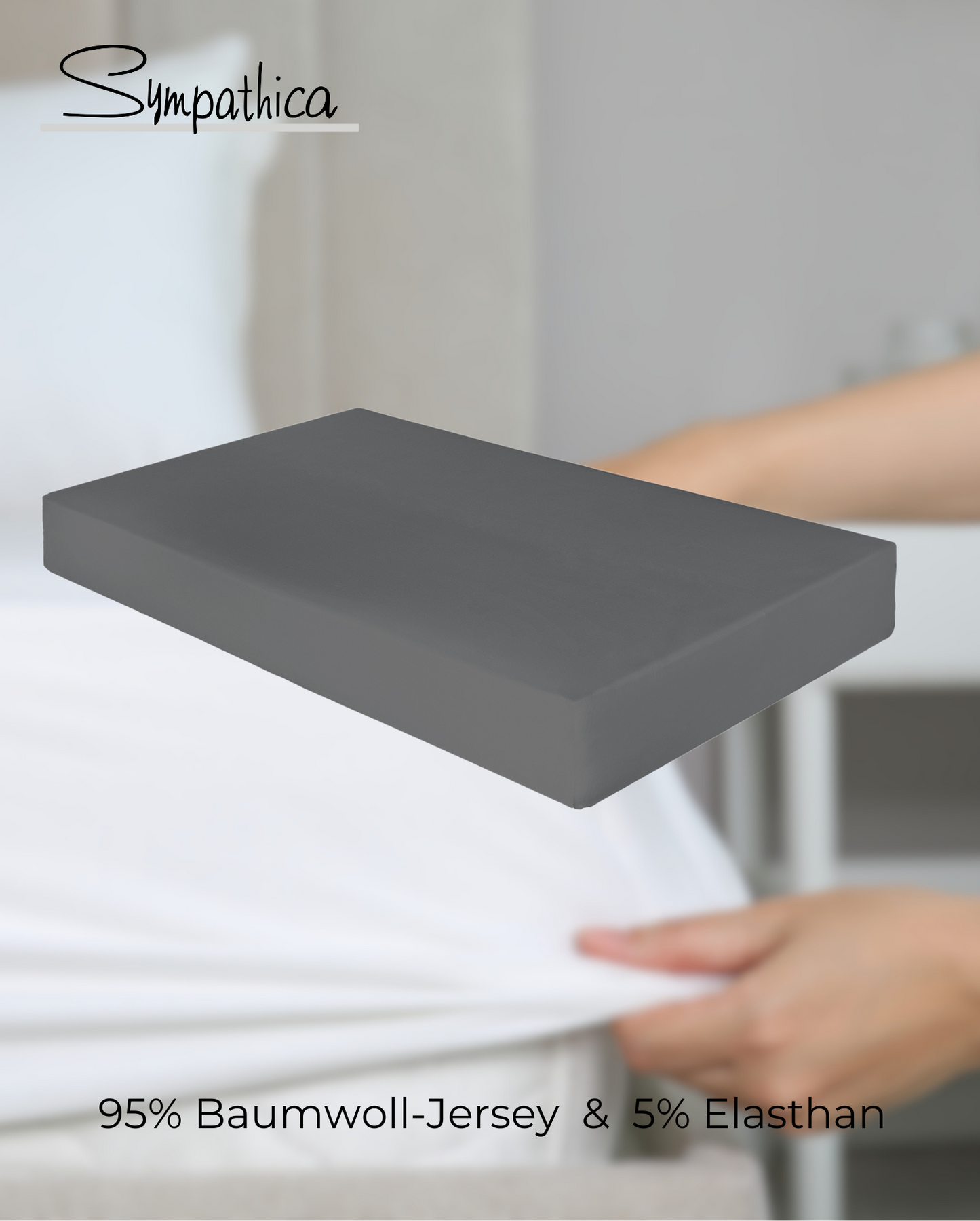 Ein Spannbetttuch von SYMPATHICA aus 95 Prozent Baumwoll-Jersey und 5 Prozent Elasthan in der Farbe Grau. Modell Nova Titan.