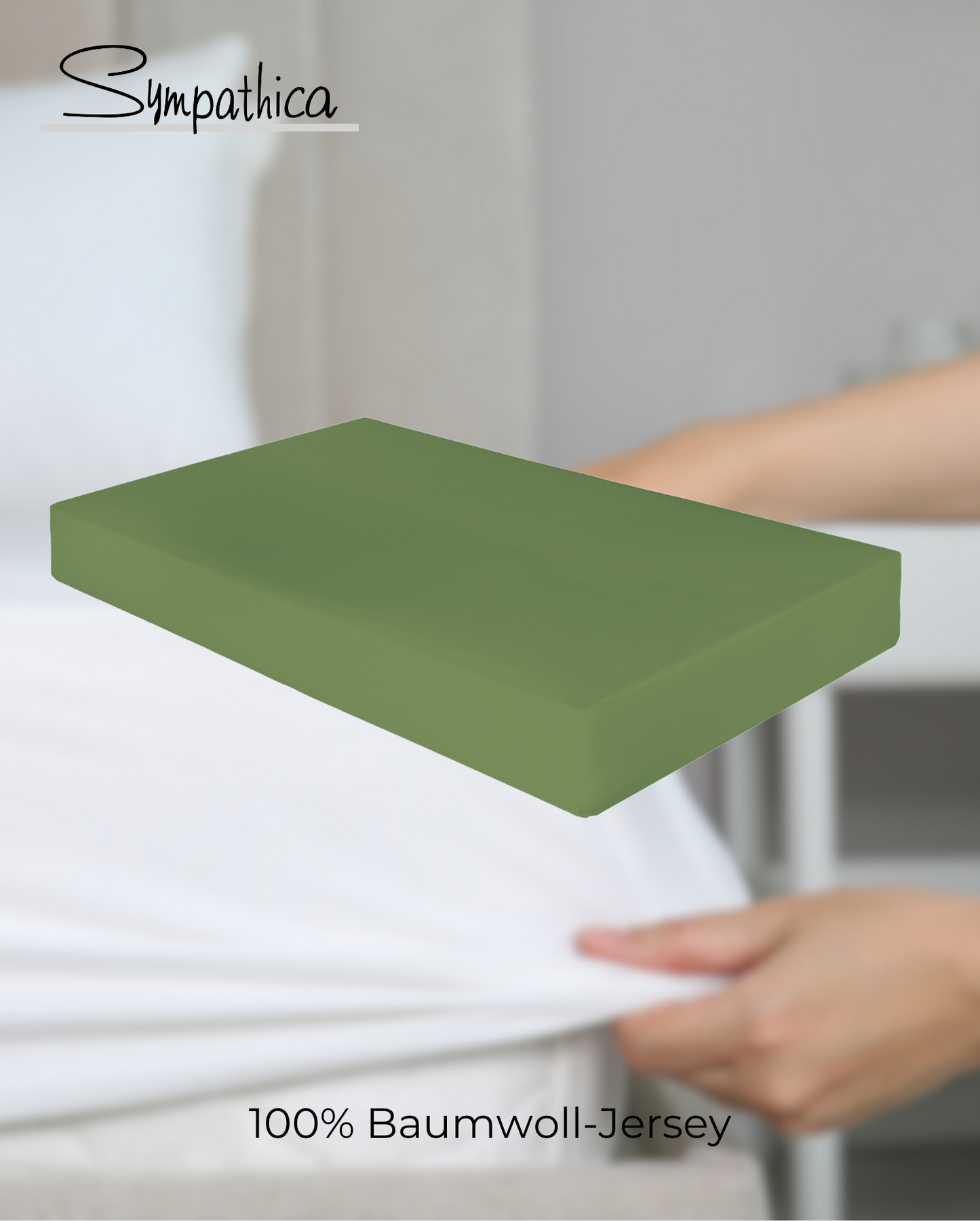 Ein Spannbetttuch von SYMPATHICA fuer Matratzen bis 22cm Hoehe aus 100 Prozent Baumwolle in der Farbe Gruen. Modell Vision Apfel.