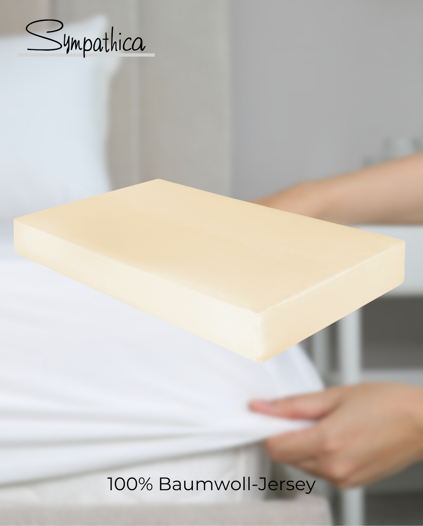 Ein Spannbetttuch von SYMPATHICA fuer Matratzen bis 22cm Hoehe aus 100 Prozent Baumwolle in der Farbe Beige. Modell Vision Beige.