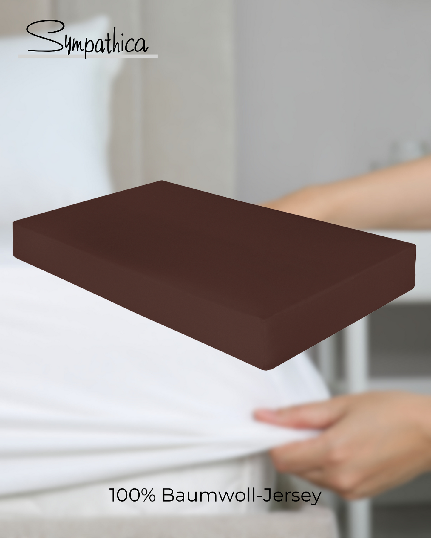 Ein Spannbetttuch von SYMPATHICA fuer Matratzen bis 22cm Hoehe aus 100 Prozent Baumwolle in der Farbe Braun. Modell Vision Mocca.