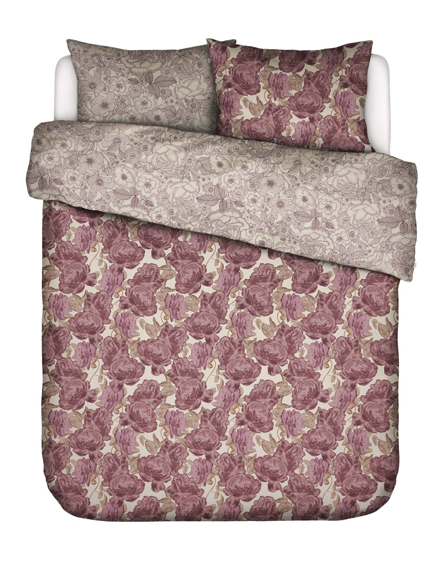 Zwei Kopfkissen und eine Bettdecke bezogen mit Twill-Baumwoll Bettwaesche von Essenza mit einem Muster aus Rosen in der Farbe Rot. Modell Bernice Beachwood White Cherry.