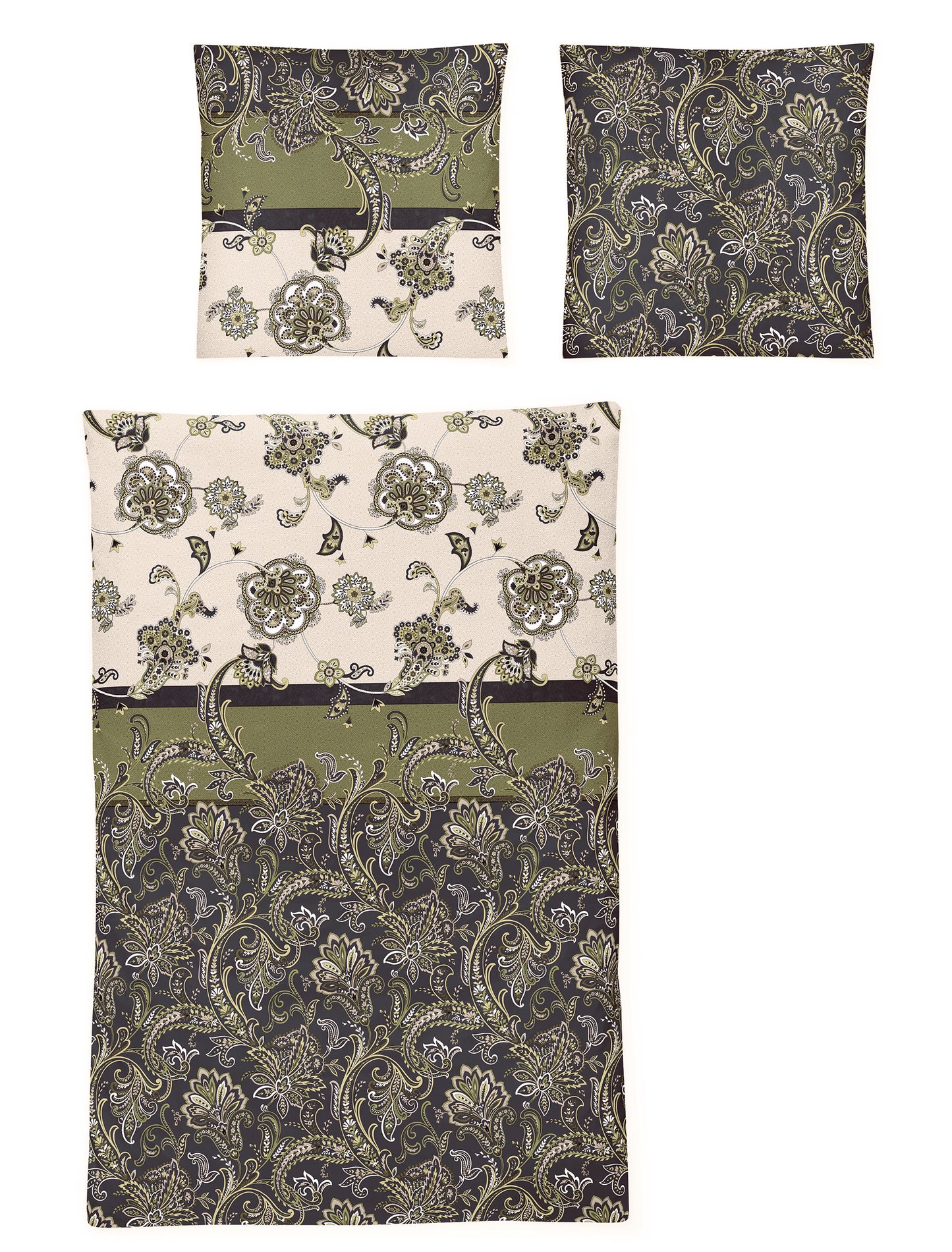 Zwei Kopfkissen und eine Bettdecke bezogen mit Edel-Feinbiber Bettwaesche mit einem Muster aus Ornamenten in der Farbe Gruen. Modell Luzara.