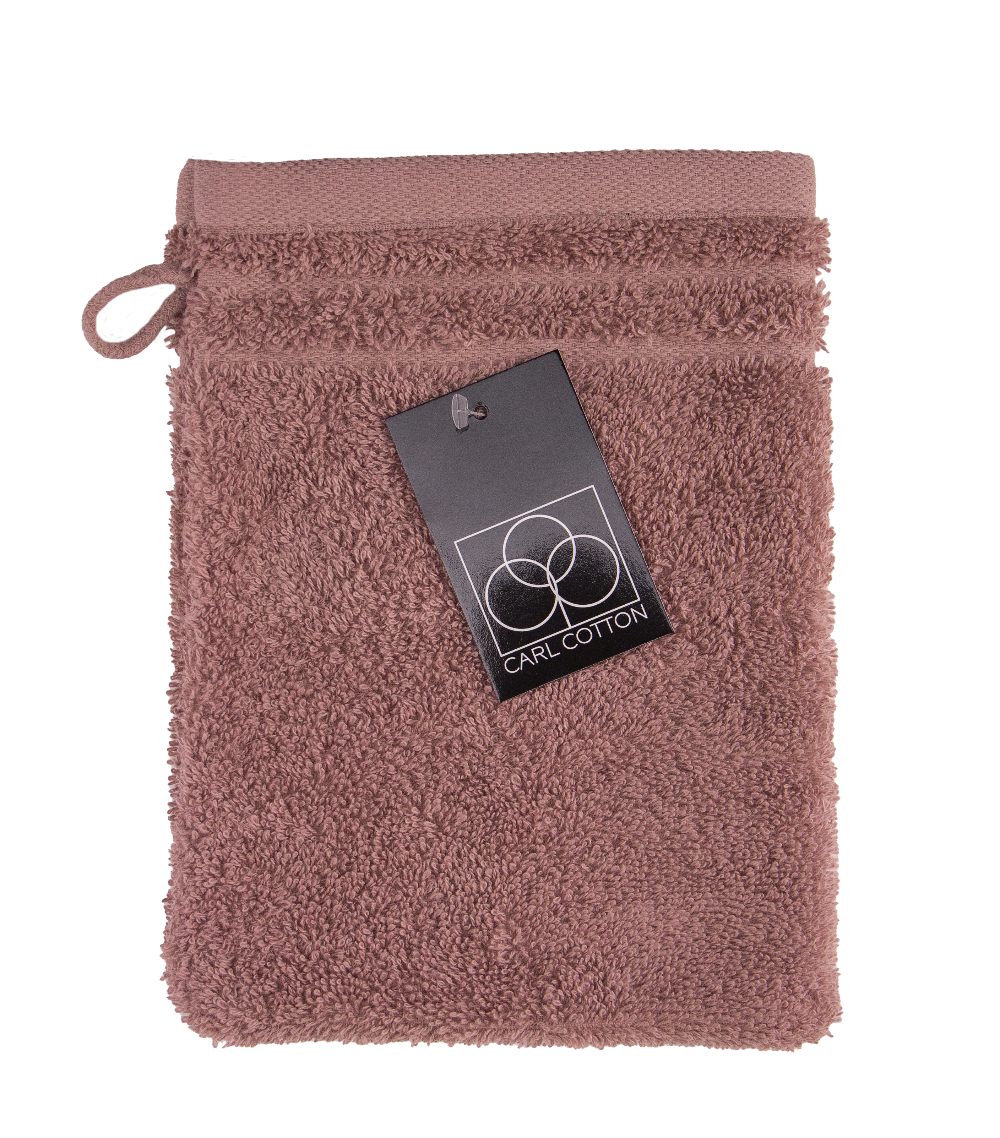 Ein Waschhandschuh von CARL COTTON aus 100 Prozent Baumwolle in der Groesse 16x21cm. Farbe Rosegold. Modell Trend Rosenholz.