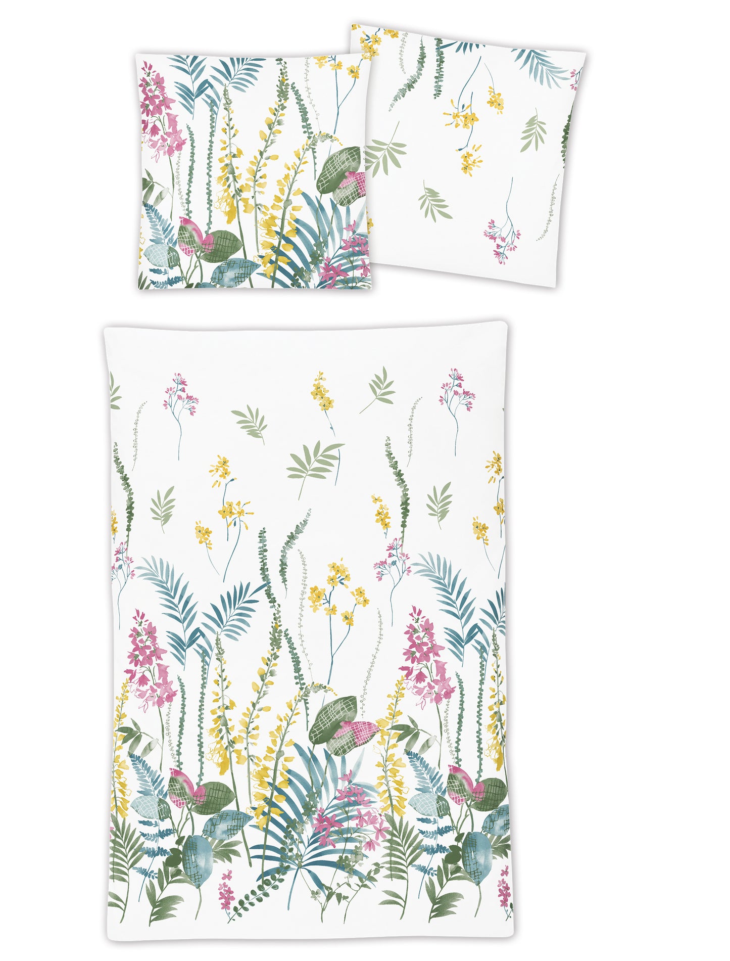 Zwei Kopfkissen und eine Bettdecke bezogen mit Mako-Satin Bettwaesche mit einem Muster aus Blaettern in der Farbe Weiss. Modell Fruehling Weiss.