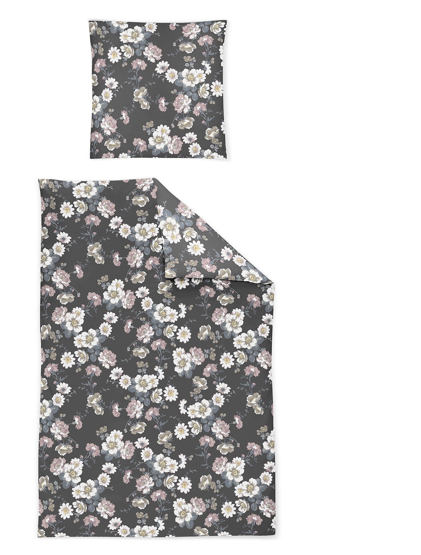 Ein Kopfkissen und eine Bettdecke bezogen mit Satin Bettwaesche mit einem Muster aus Blumen in der Farbe Grau. Modell Blumen Grau.