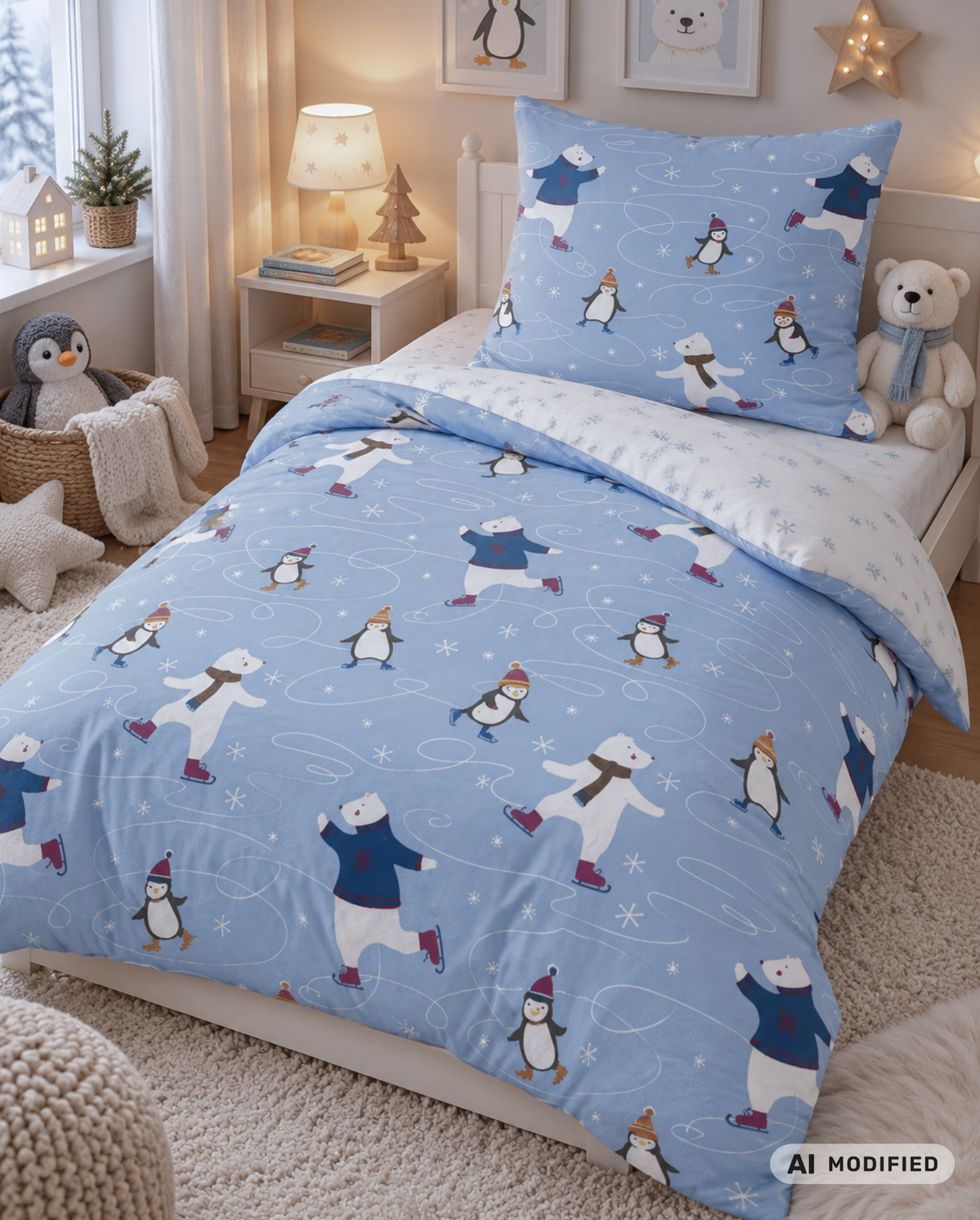 Flanell Kinderbettwäsche | Pinguine & Eisbären | 135 x 200 cm