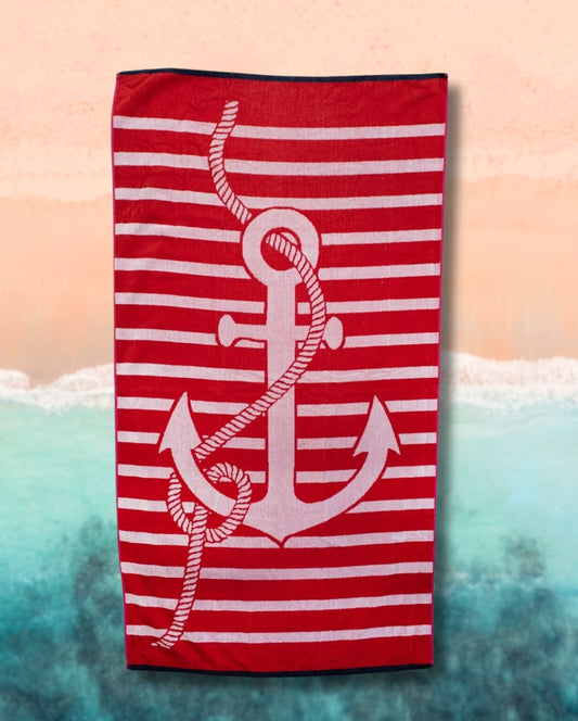 Beach towel anchor red striped, 90x165, 100% cotton, velour