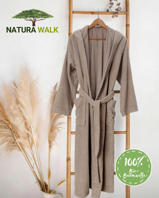 NATURAWALK Hooded Bathrobe 100% Organic Cotton, Unisex, Long - Tan