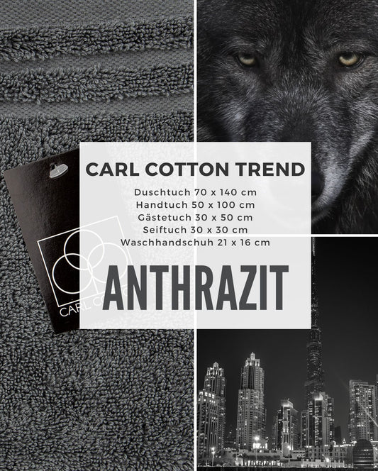 Carl Cotton Handtuch Modell Trend mit Größenangaben 70x140, 70x200, 16x21, 30x30 30x50, 50x100 