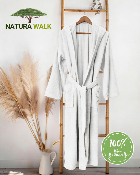 NATURAWALK Hooded Bathrobe 100% Organic Cotton, Unisex, Long - White