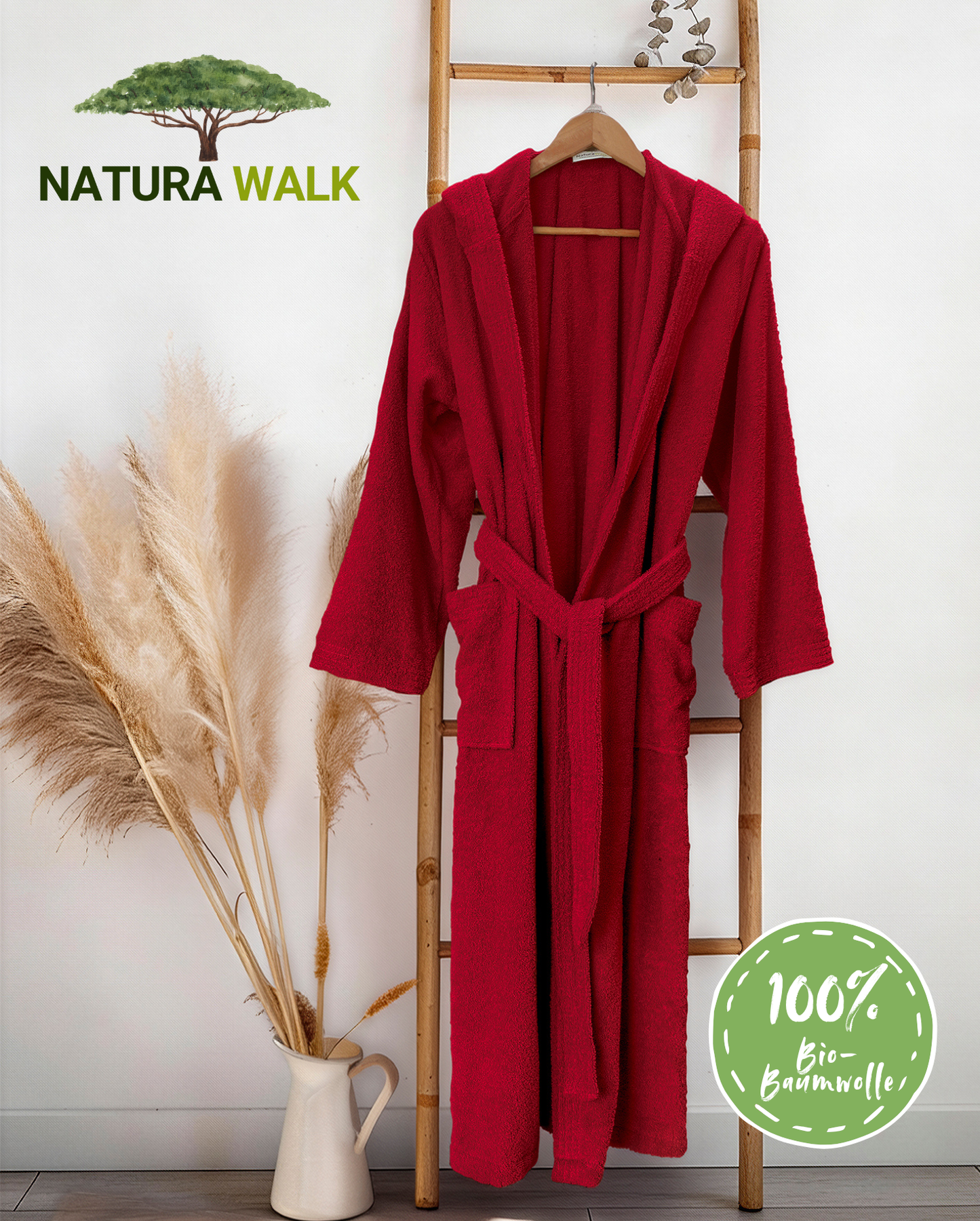 Bademantel mit Kapuze | NATURAWALK | Bordeaux | Bio-Baumwolle | unisex, lang