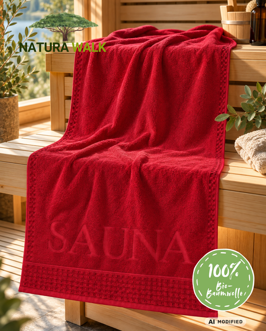 Saunatuch mit SAUNA Schriftzug | NATURAWALK | Bordeaux | 80x200cm | Bio-Baumwolle