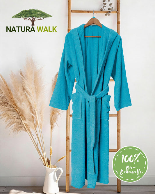 Hooded bathrobe NATURAWALK 100% organic cotton, unisex, long - turquoise
