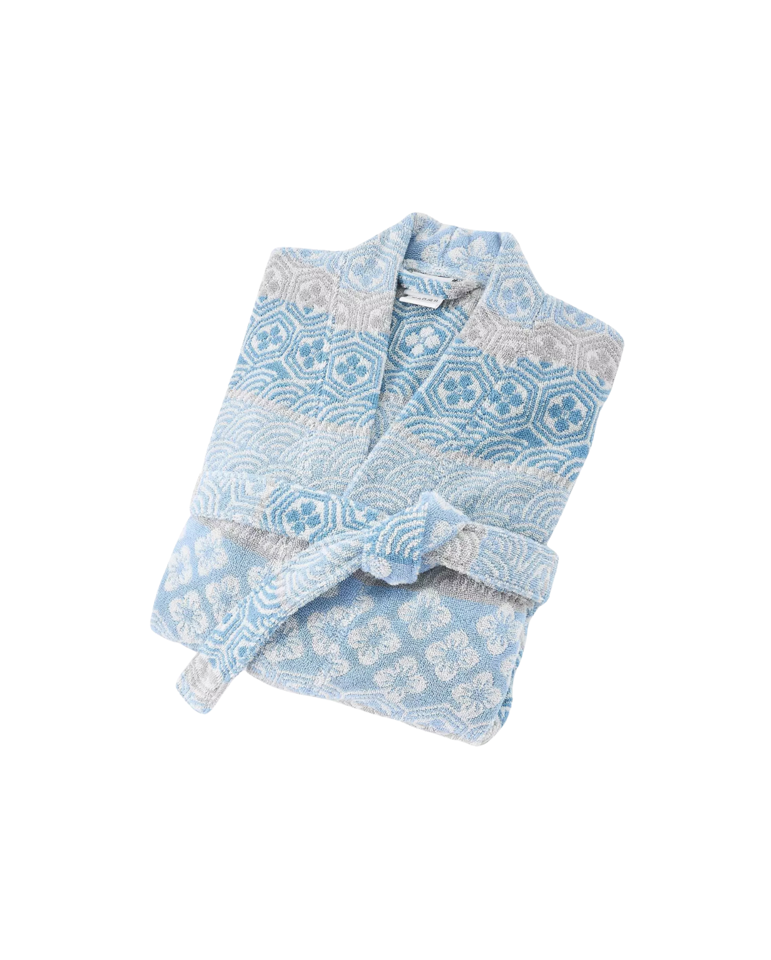 Eine Detailaufnahme des Stoffes vom bassetti Bademantel in der Farbe Blau. Die Struktur wird hervorgehoben. Modell Hanami G1.