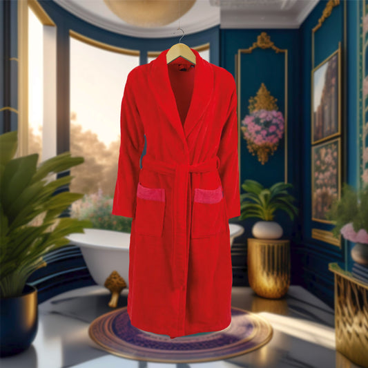 Ein Bademantel von wewofashion aus 100 Prozent Baumwolle in der Farbe Rot. Modell Basic Mandarin.
