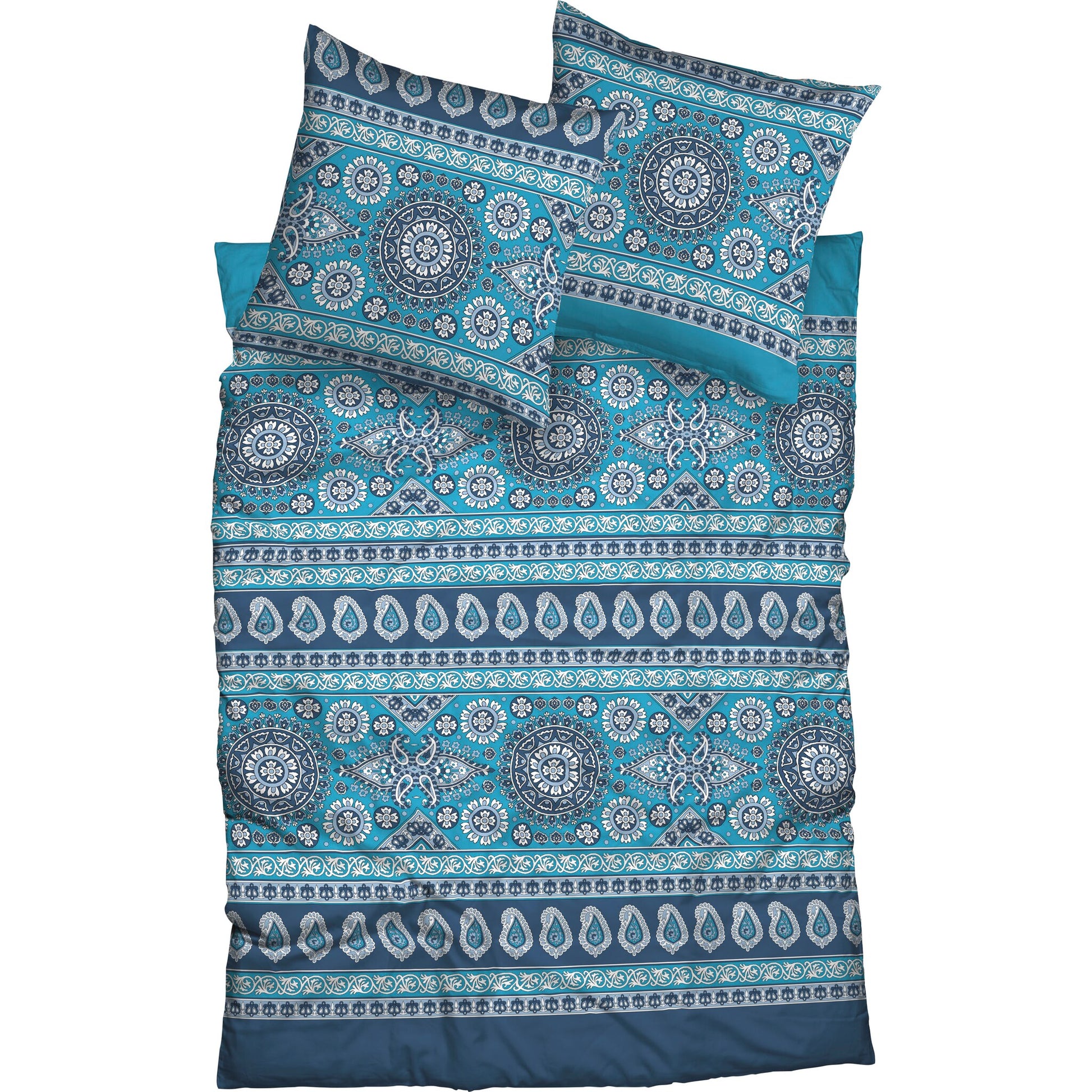 Zwei Kopfkissen und eine Bettdecke bezogen mit kuscheliger Biber Bettwaesche aus 100 Prozent Baumwolle von Casatex einem Muster in der Farbe Blau. Modell Lavina Blau.