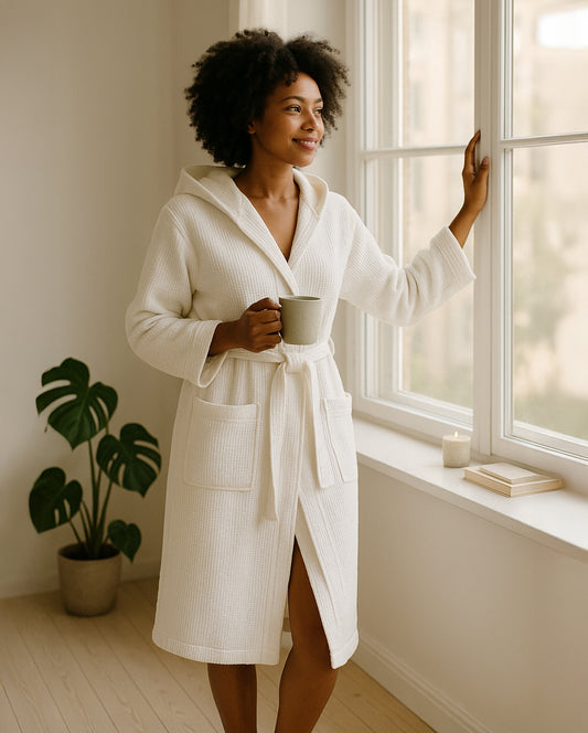 Bathrobe CARL COTTON Waffle Piqué - White