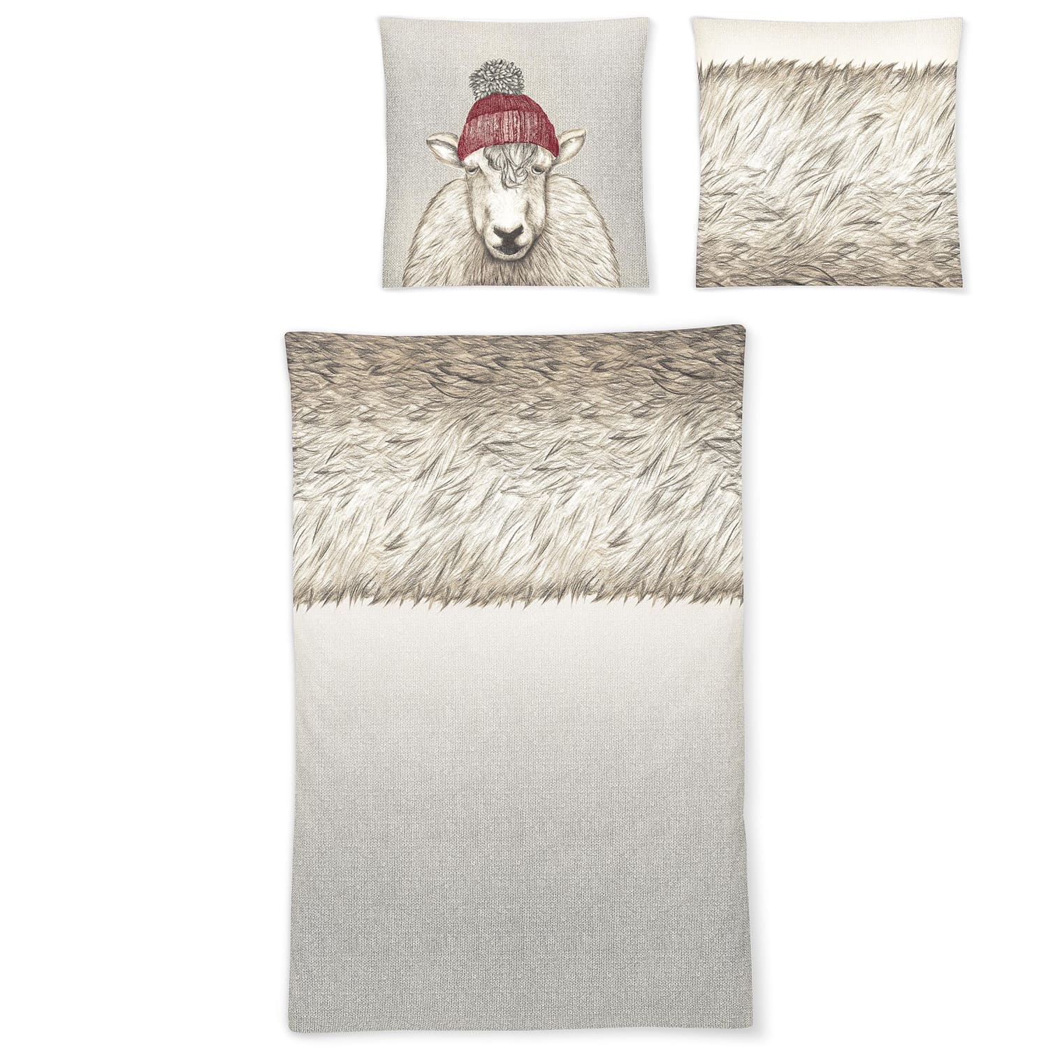 Zwei Kopfkissen und eine Bettdecke bezogen mit Edel-Feinbiber Bettwaesche mit einem Muster aus Schafen und Schafsfell in der Farbe Beige. Modell Schaf Grau.