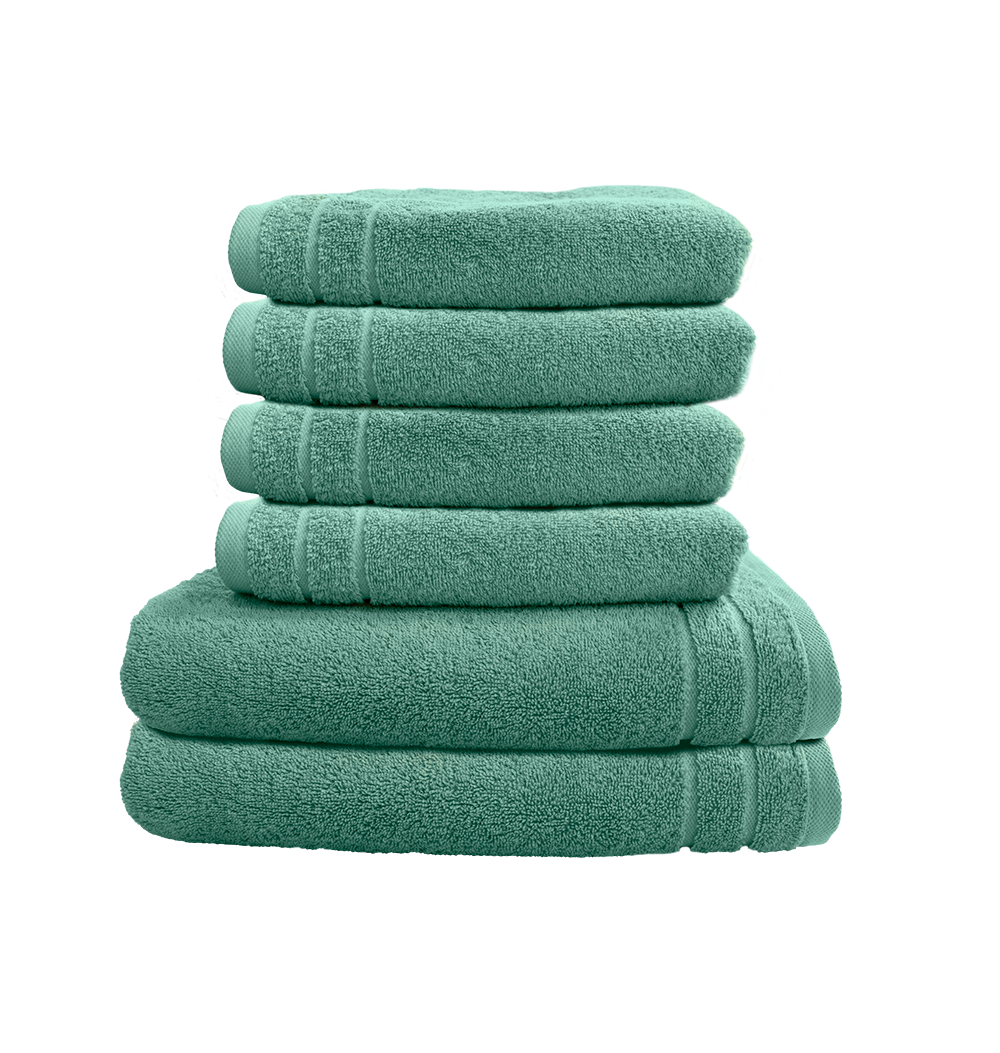Ein Set aus zwei Duschtuechern und vier Handtuechern von CARL COTTON aus 100 Prozent Baumwolle. Farbe Mint. Modell Trend Agave.