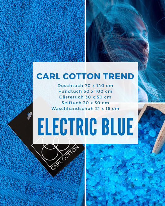 Collage aus Impressionen der Farbe Blau. Passend zum CARL COTTON Handtuch Modell Trend Electric Blue.Mit Groessenangaben 70x140cm, 50x100cm, 30x50cm, 30x30cm, 21x16cm.Blau