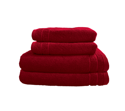 Ein Set aus zwei Duschtuechern und zwei Handtuechern von CARL COTTON aus 100 Prozent Baumwolle. Farbe Bordeaux. Modell Trend Kirsche.