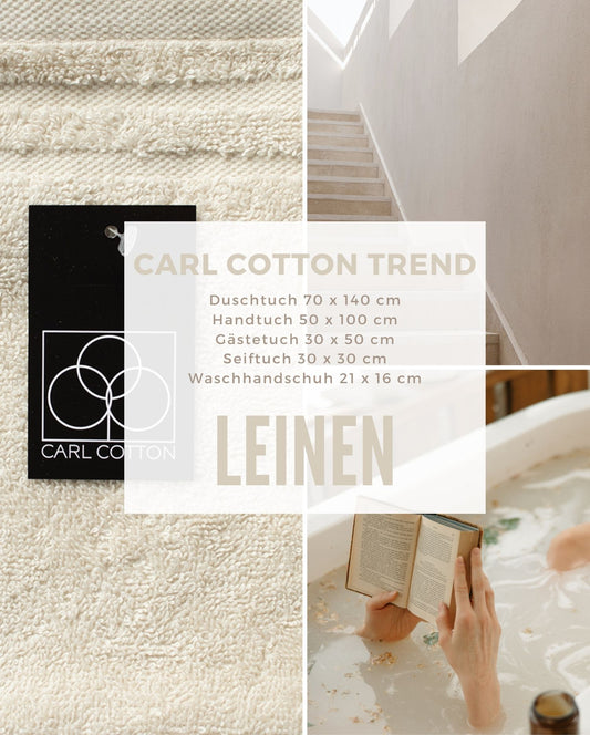 Collage aus Impressionen der Farbe Beige. Passend zum CARL COTTON Handtuch Modell Trend Leinen.Mit Groessenangaben 70x140cm, 50x100cm, 30x50cm, 30x30cm, 21x16cm.