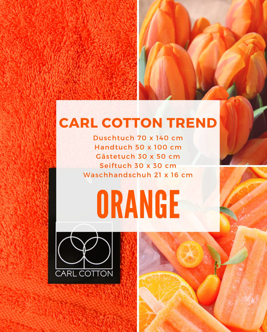 Collage aus Impressionen der Farbe Orange. Passend zum CARL COTTON Handtuch Modell Trend Orange.Mit Groessenangaben 70x140cm, 50x100cm, 30x50cm, 30x30cm, 21x16cm.