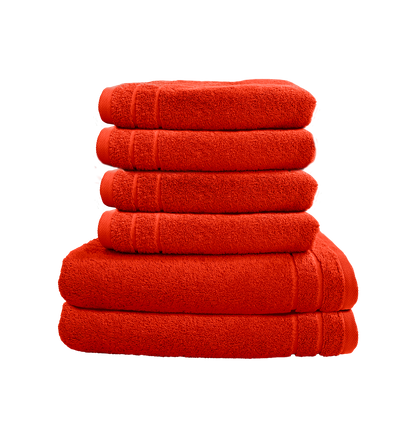 Ein Set aus zwei Duschtuechern und vier Handtuechern von CARL COTTON aus 100 Prozent Baumwolle. Farbe Orange. Modell Trend Papaya.