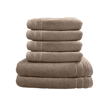 Ein Set aus zwei Duschtuechern und vier Handtuechern von CARL COTTON aus 100 Prozent Baumwolle. Farbe Taupe. Modell Trend Taupe.