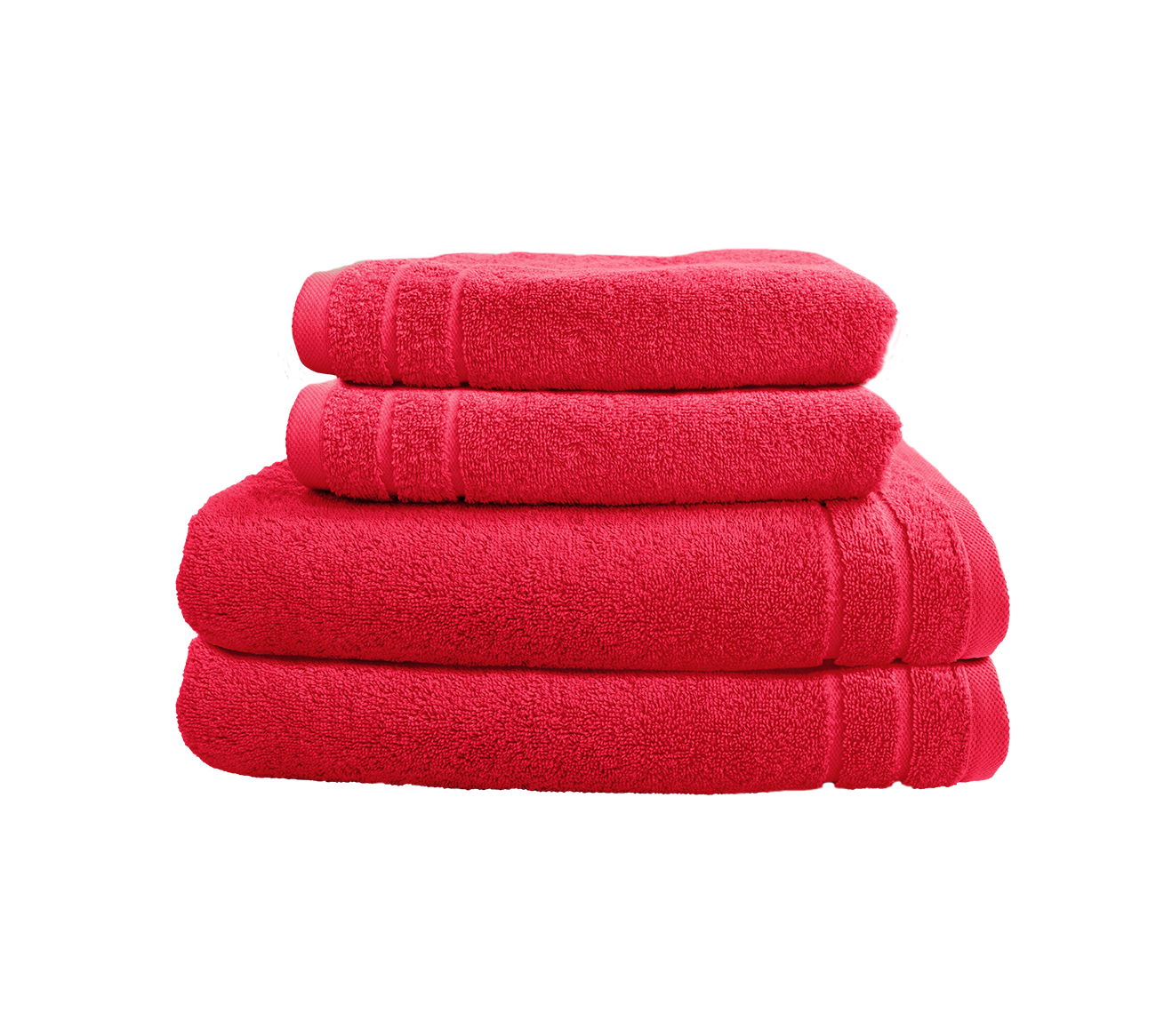 Ein Set aus zwei Duschtuechern und zwei Handtuechern von CARL COTTON aus 100 Prozent Baumwolle. Farbe Rot. Modell Trend Viva Magenta.