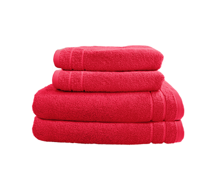 Ein Set aus zwei Duschtuechern und zwei Handtuechern von CARL COTTON aus 100 Prozent Baumwolle. Farbe Rot. Modell Trend Viva Magenta.