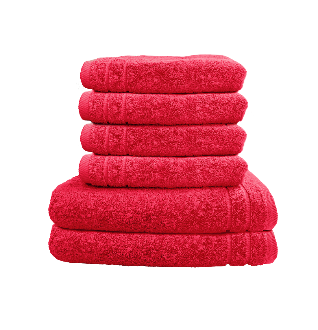 Ein Set aus zwei Duschtuechern und vier Handtuechern von CARL COTTON aus 100 Prozent Baumwolle. Farbe Rot. Modell Trend Viva Magenta.