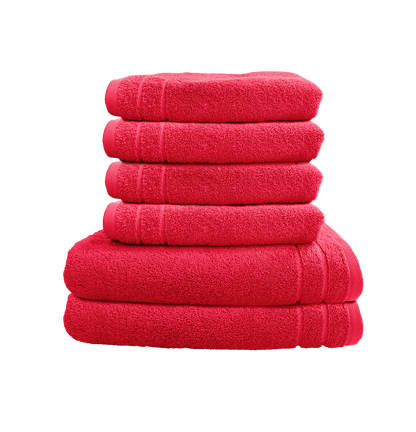 Ein Set aus zwei Duschtuechern und vier Handtuechern von CARL COTTON aus 100 Prozent Baumwolle. Farbe Rot. Modell Trend Viva Magenta.