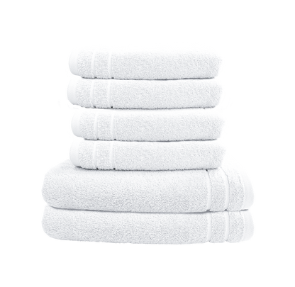 Ein Set aus zwei Duschtuechern und vier Handtuechern von CARL COTTON aus 100 Prozent Baumwolle. Farbe Weiss. Modell Trend Weiss.