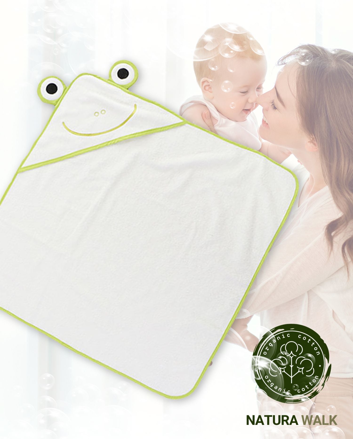 Ein Babyhandtuch mit Kapuze und Froschmotiv in der Farbe Weiss. Modell Frosch - Weiss.