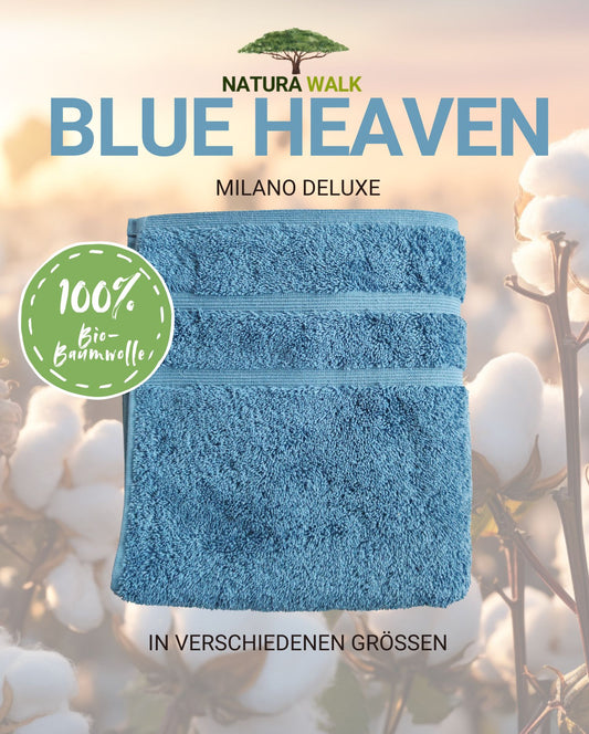 Ein Handtuch von NATURAWALK aus 100 Prozent Bio-Baumwolle in der Farbe Blau. Modell Milano Deluxe Blue Heaven. 