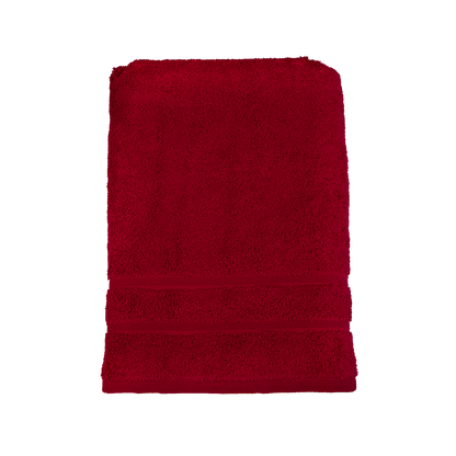 Duschtuch in der Groesse 70x140cm und Badetuch in der Groesse 100x150cm von NATURAWALK aus 100 Prozent Bio-Baumwolle. Farbe Bordeaux. Modell Milano Deluxe Bordeaux.