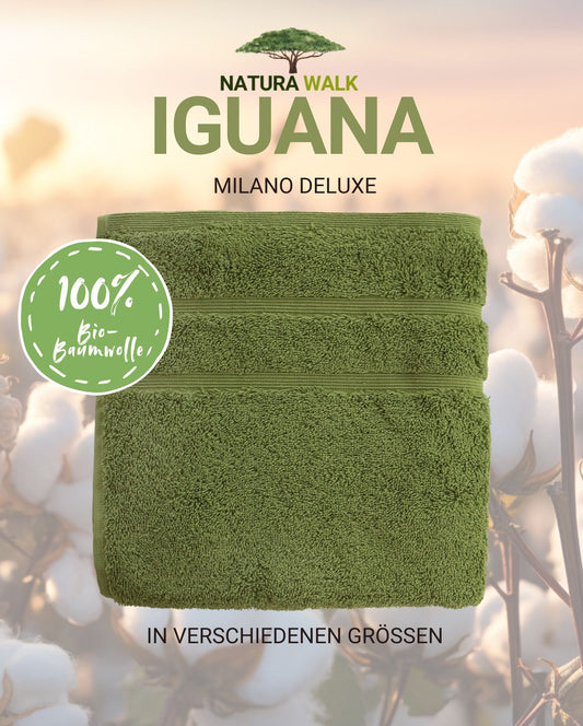 Ein Handtuch von NATURAWALK aus 100 Prozent Bio-Baumwolle in der Farbe Gruen. Modell Milano Deluxe Iguana. 