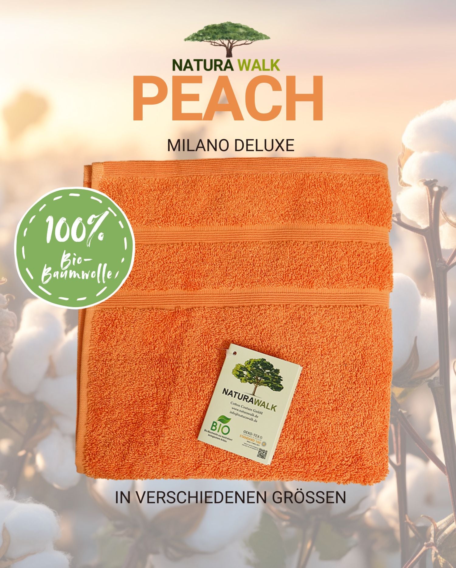 Ein Handtuch von NATURAWALK aus 100 Prozent Bio-Baumwolle in der Farbe Orange. Modell Milano Deluxe Oxford. 